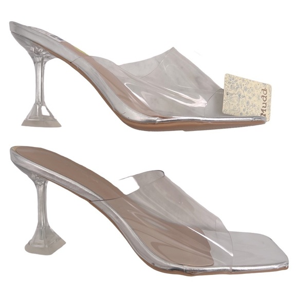 MUDD • Women’s Clear Metallic Silver Square Toe Heels - Picture 4 of 12